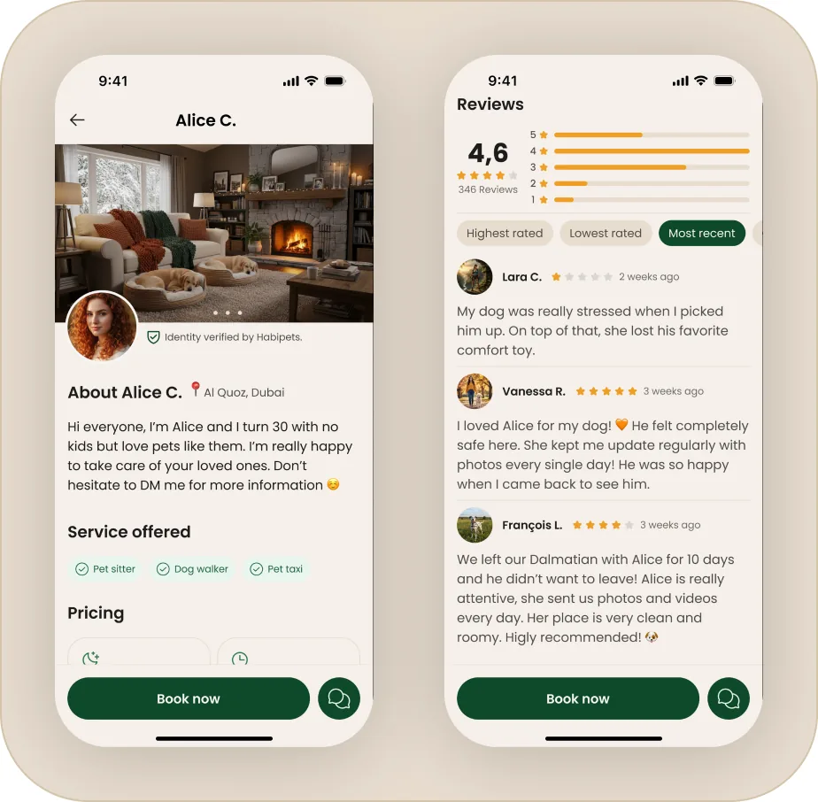 Two phones showing a provider profile with its verification badge and reviews