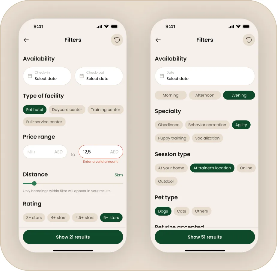 Two phones showing filter panels tailored to different services