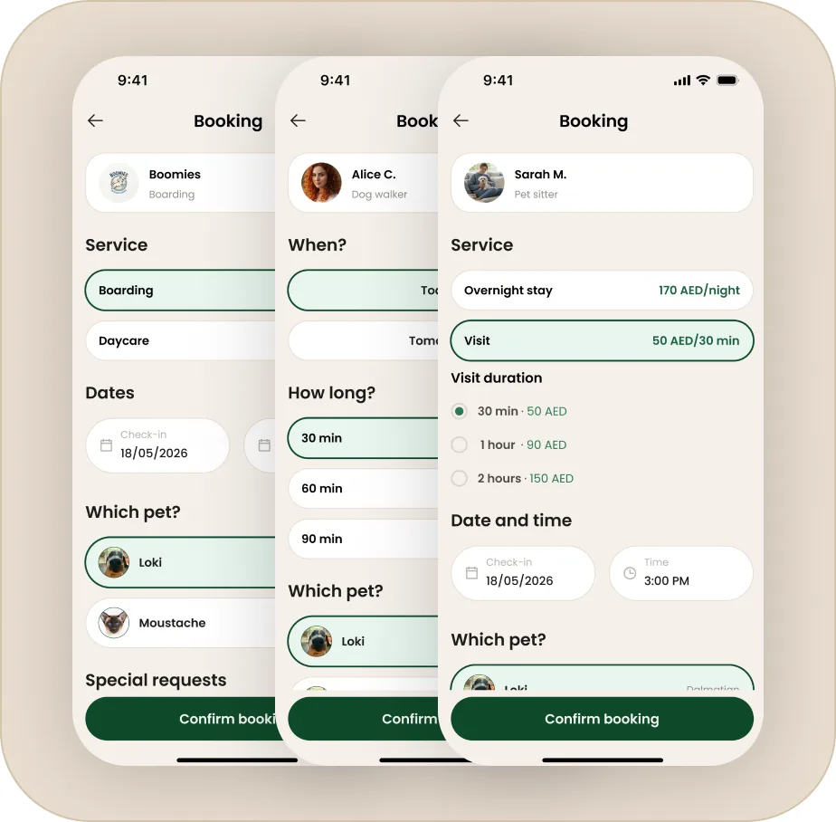 Three phones showing the same booking flow across different services