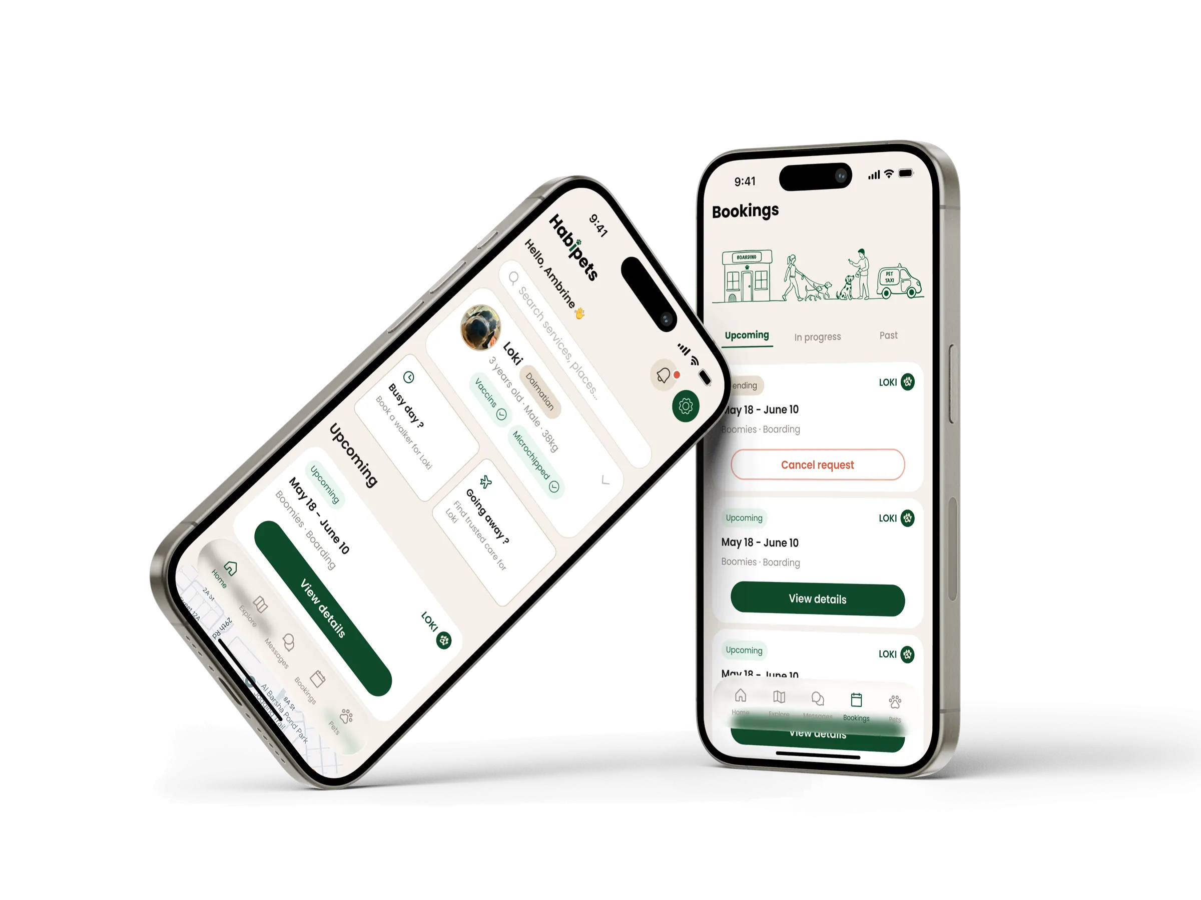 Two phones showing the Habipets home screen and the bookings list