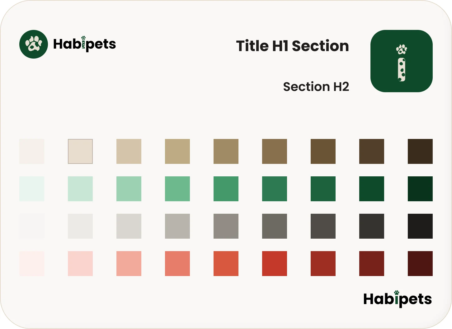 The Habipets style tile: logo, heading samples, app icon and the sand, emerald, neutral and coral colour ramps