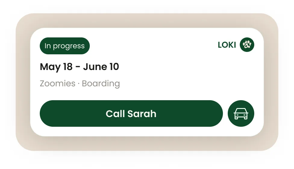 A booking summary card showing a stay for Loki with a call button