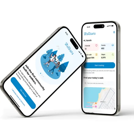 The Walkers app shown on two phone screens