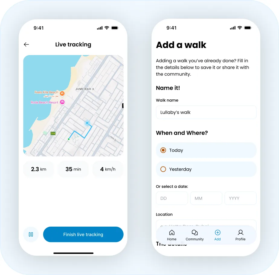 Two phones comparing live tracking with the manual entry form