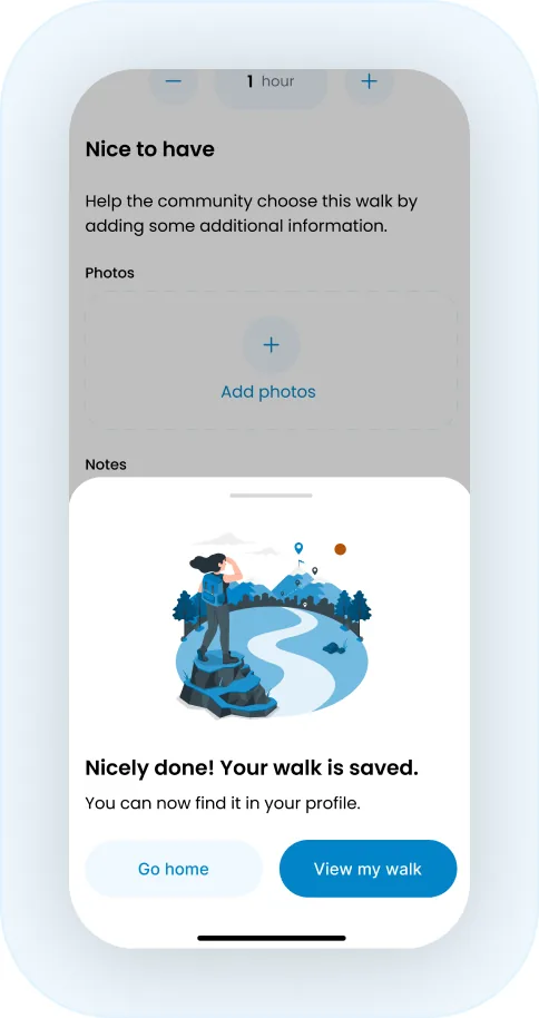 A phone showing the confirmation screen after a walk is saved